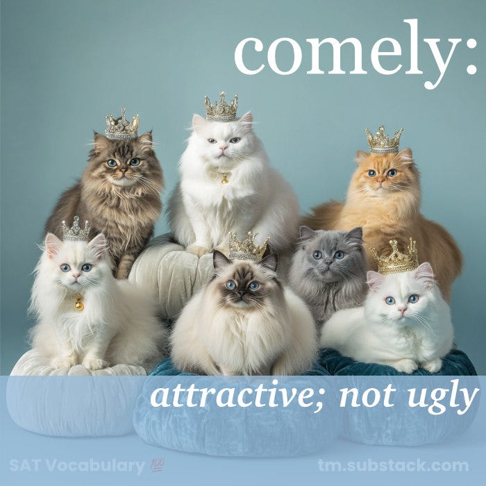 Illustration of elegant cats wearing tiaras; used to illustrate the SAT word 'comely'.