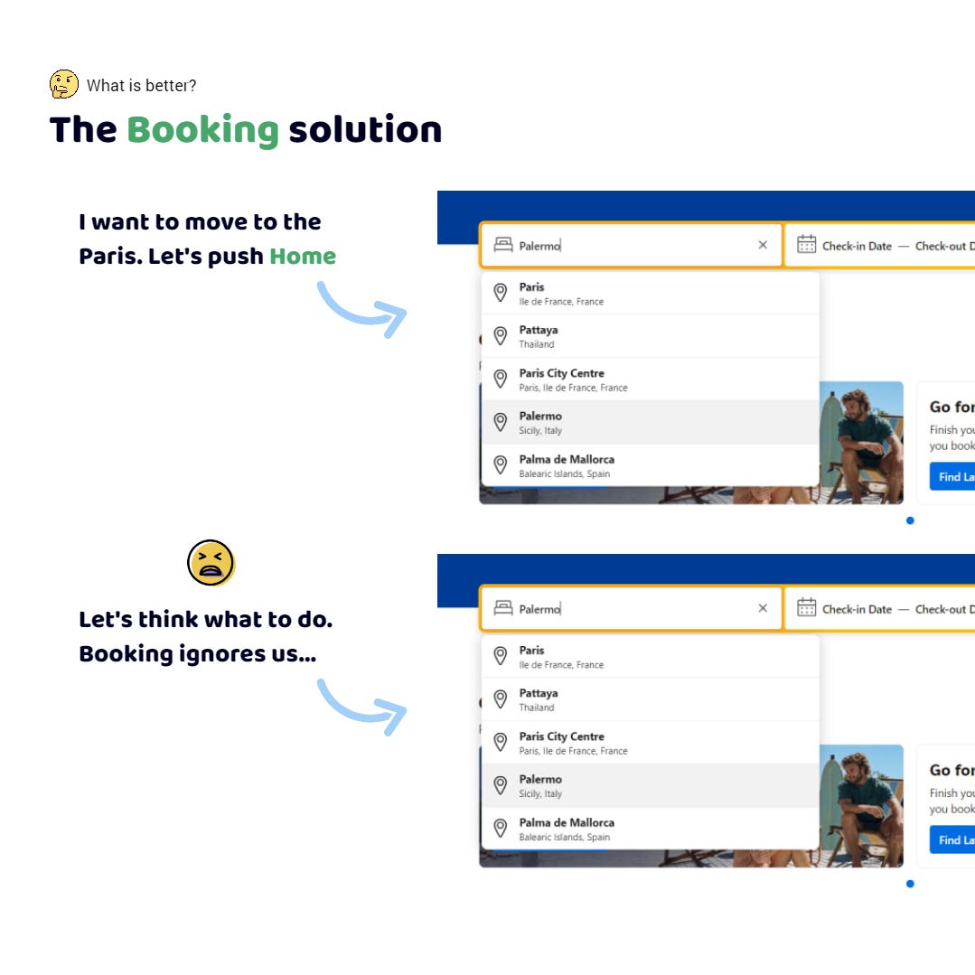 The Booking app. I am in the list of cities at the Palermo item. I need to go back to the first item of the list. I press the Home key. One more time. One more time. It is not working out