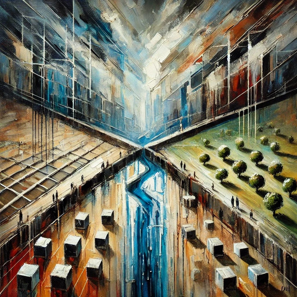 An abstract oil painting with thick, expressive brush strokes depicting the concept of systemic control and resistance. The painting features a divided landscape symbolizing the two models of control: a confined 'maximum security' area with dark, dense colors and sharp strokes, and a broader 'open-air' area in muted tones. Fragmented geometric patterns represent settlements and checkpoints cutting through the composition. A central figure of water scarcity is depicted as dry, winding lines merging with flowing brushwork, symbolizing restricted movement and economic dependency. The overall palette contrasts somber blues and greys with hints of restricted growth in muted greens and earthy reds. The atmosphere conveys tension and structural manipulation.