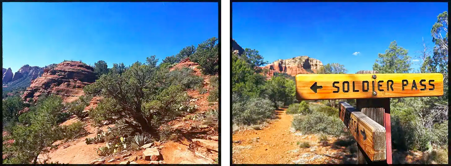 Two photos showing a red-rock trail and a sign to Soldier Pass.