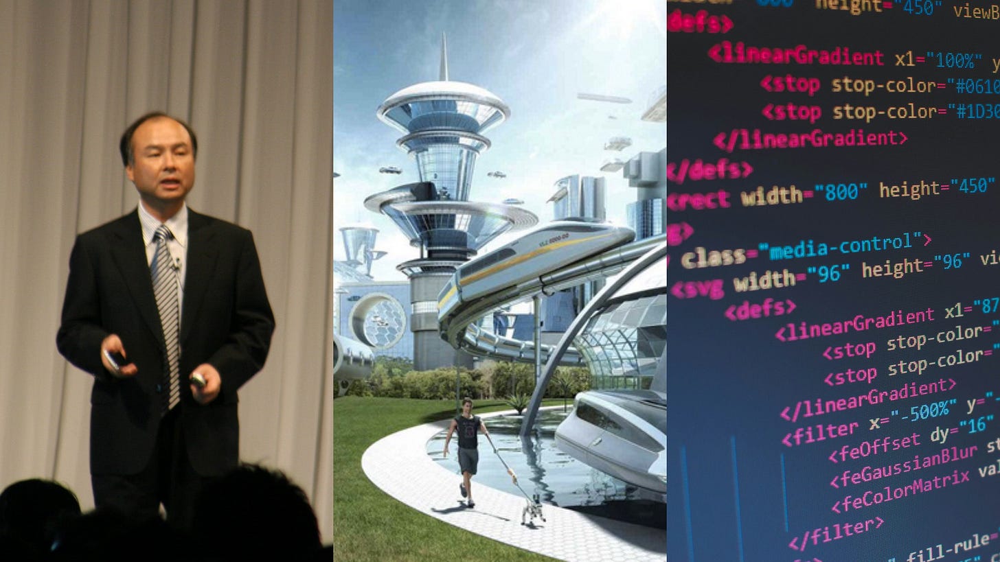 Masayoshi Son, a meme of a futuristic city, lines of code