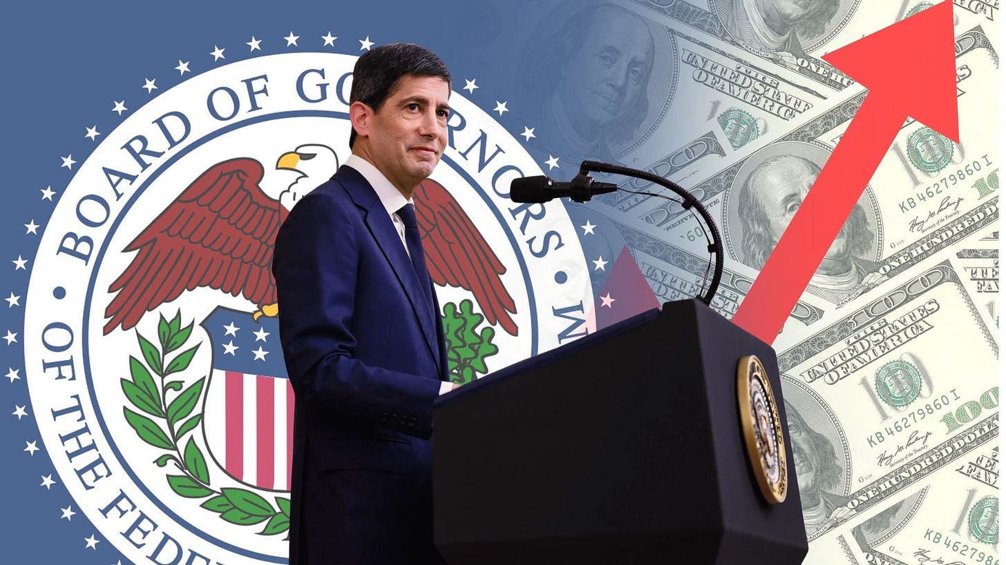 A composite image features a man in a dark suit speaking at a black podium with a microphone. Behind him is the blue circular seal of the Federal Reserve, featuring an eagle and text. The background also shows an overlay of U.S. one-hundred dollar bills and a large, bright red arrow pointing diagonally upwards from the lower left to the upper right.