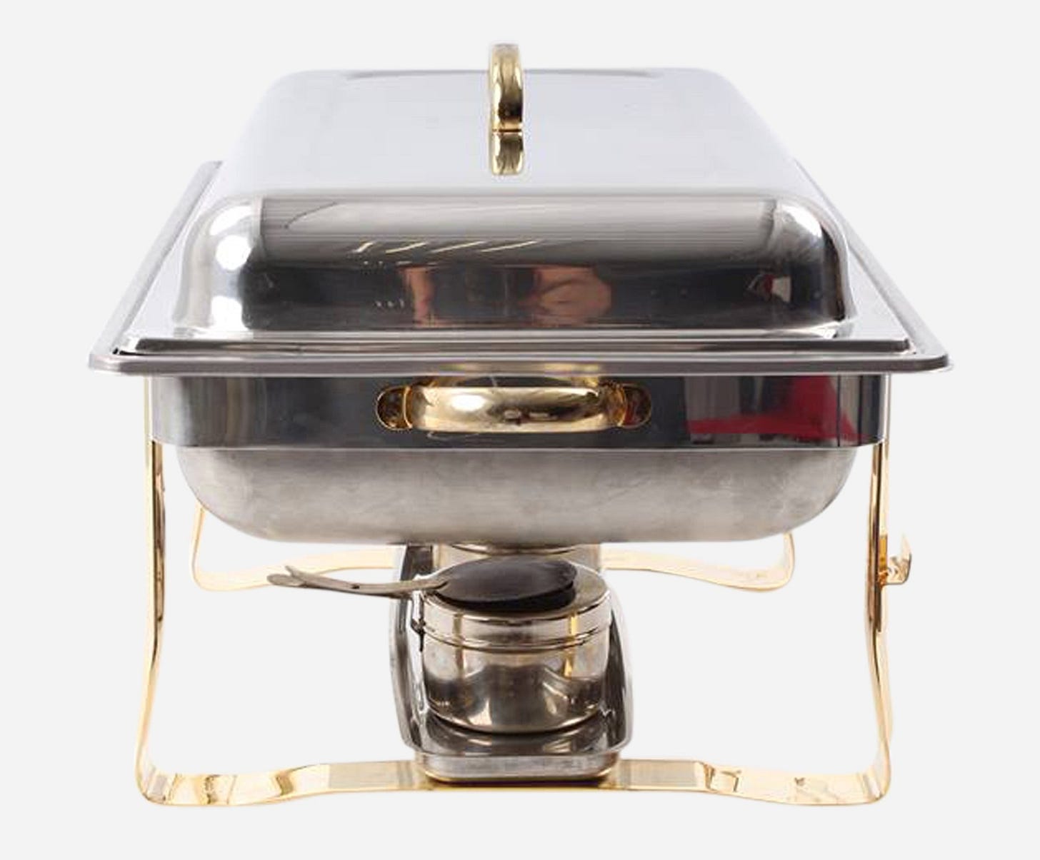 A chafing dish with receptacle for Sterno.