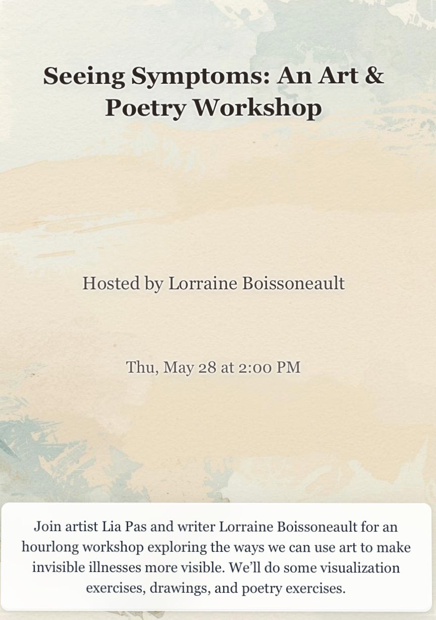 ALT Text: An invitation card with soft green and tan colors, with the title "Seeing Symptoms: An Art and Poetry Workshop" 
