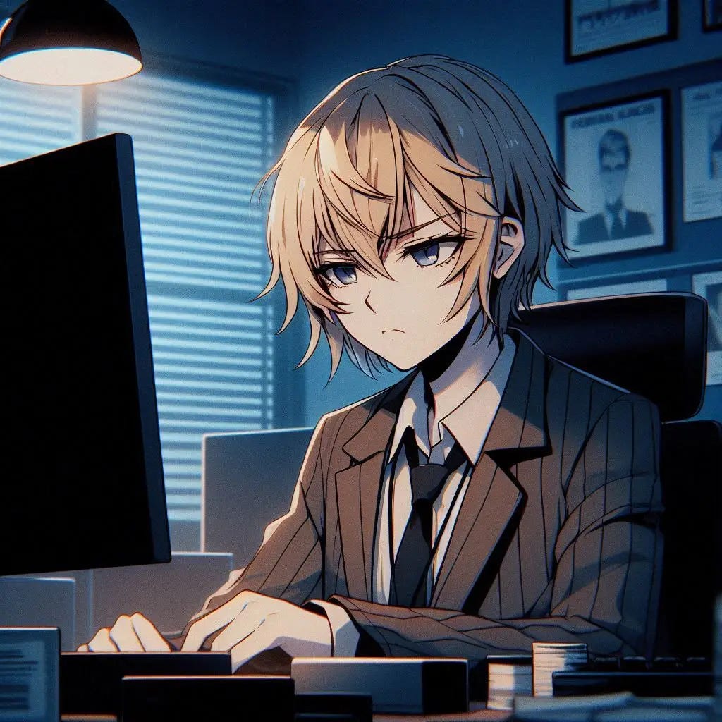 A very tired but determined young woman with short blonde hair who is sitting in the police evidence room looking at her computer analyzing evidence. Anime art style. modern. dark. A very tired but determined young woman with short blonde hair who is sitting in the police evidence room looking at her computer analyzing evidence. Anime art style. modern. dark.