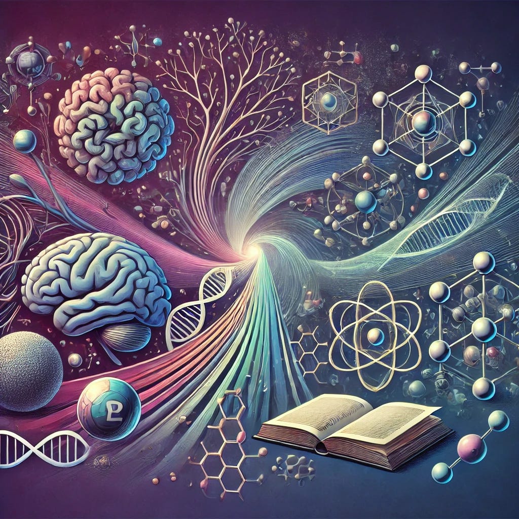 A visionary and interdisciplinary-themed illustration for the Theory of Magnetivity, showcasing the fusion of fields like biology, physics, material science, and philosophy. Display abstract representations of magnetic field lines weaving through various symbols: neurons and DNA for biology, particle paths for physics, structured lattice materials for material science, and an open book or thought bubble for philosophy. Use deep, harmonious colors like blues, greens, and purples to create a sense of unity, curiosity, and intellectual collaboration. The style should be modern, contemplative, and evoke a sense of interconnected knowledge.
