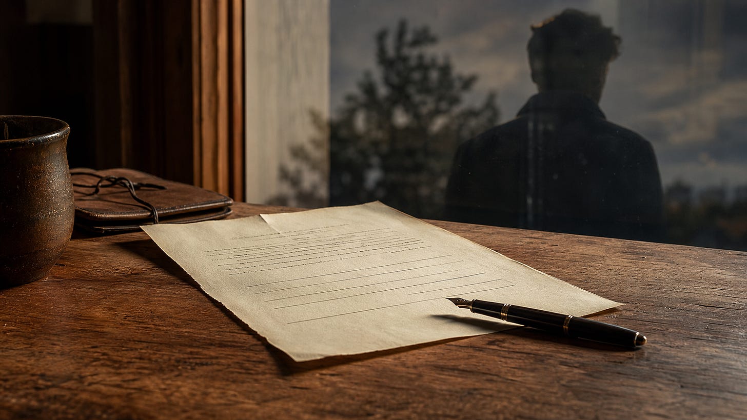 Who Signed for This body image: a blank agreement page and fountain pen on a quiet table, representing the hidden inner signature.