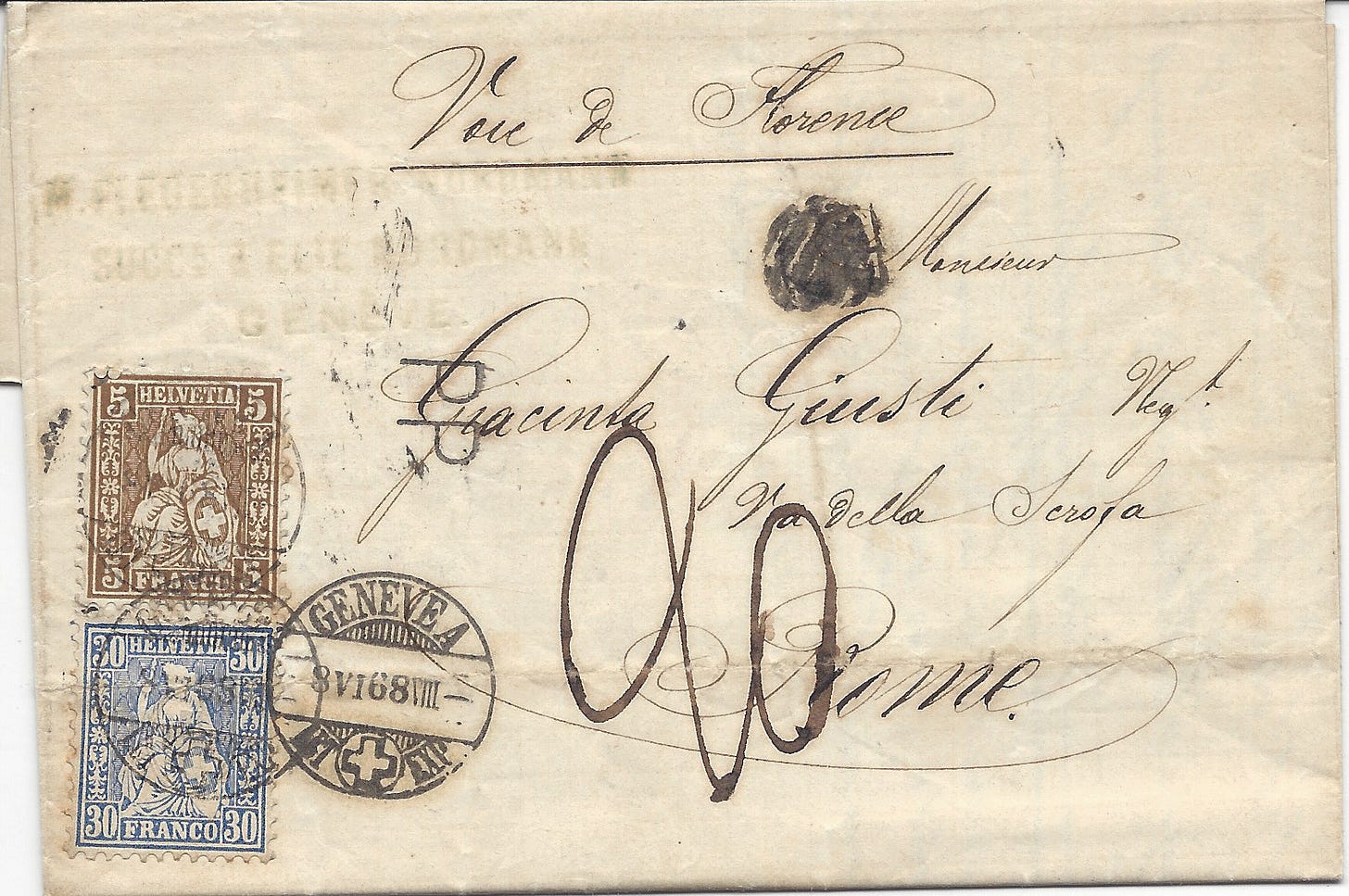1868 folded letter from Geneva to Rome