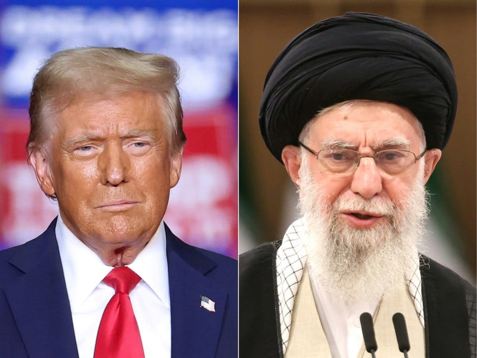 Split image of Donald Trump and Ayatollah Ali Khamenei.