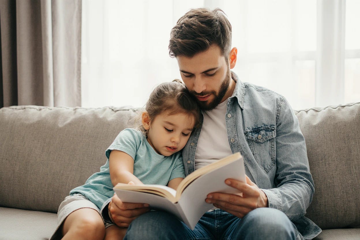 "Candid photo of a father and toddler reading on a couch, toddler leaning back mid-stretch." - by Krea 1 image model