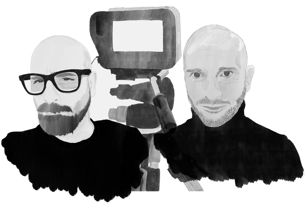 Black and white illustration of filmmakers Marco and Mauro La Villa with a camera between them, one wearing glasses and a beard, the other clean-shaven with a trimmed beard.
