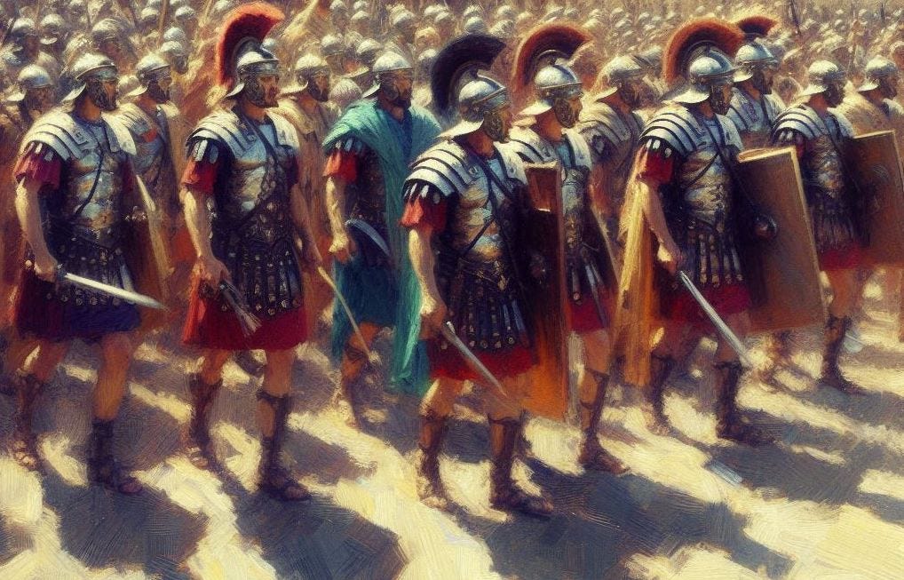 A roman legion ready for battle, impressionistic painting A roman legion ready for battle, impressionistic painting