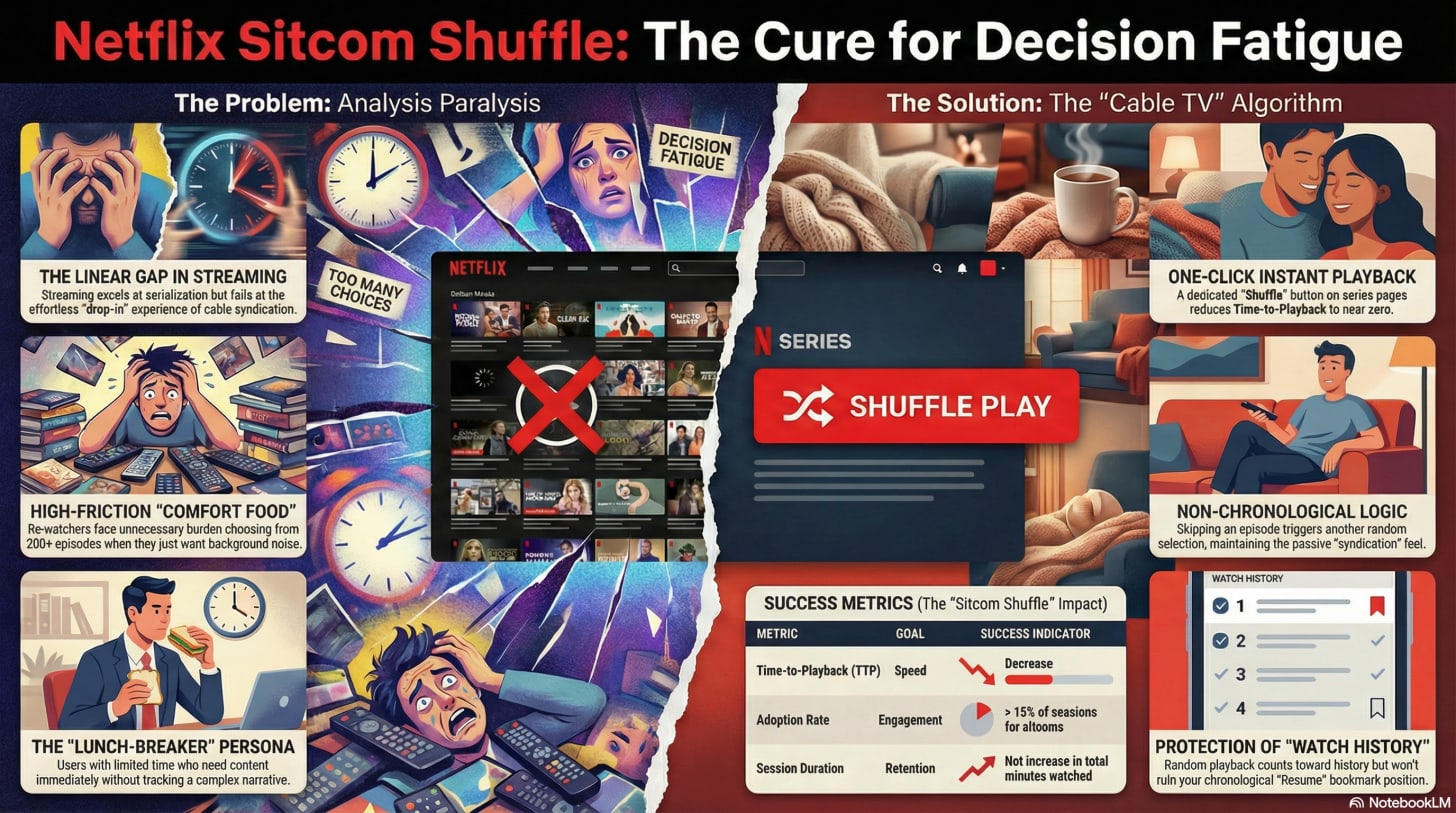 A collage-style graphic contrasting chaotic images of stressed users with cozy, warm images of couples watching TV.