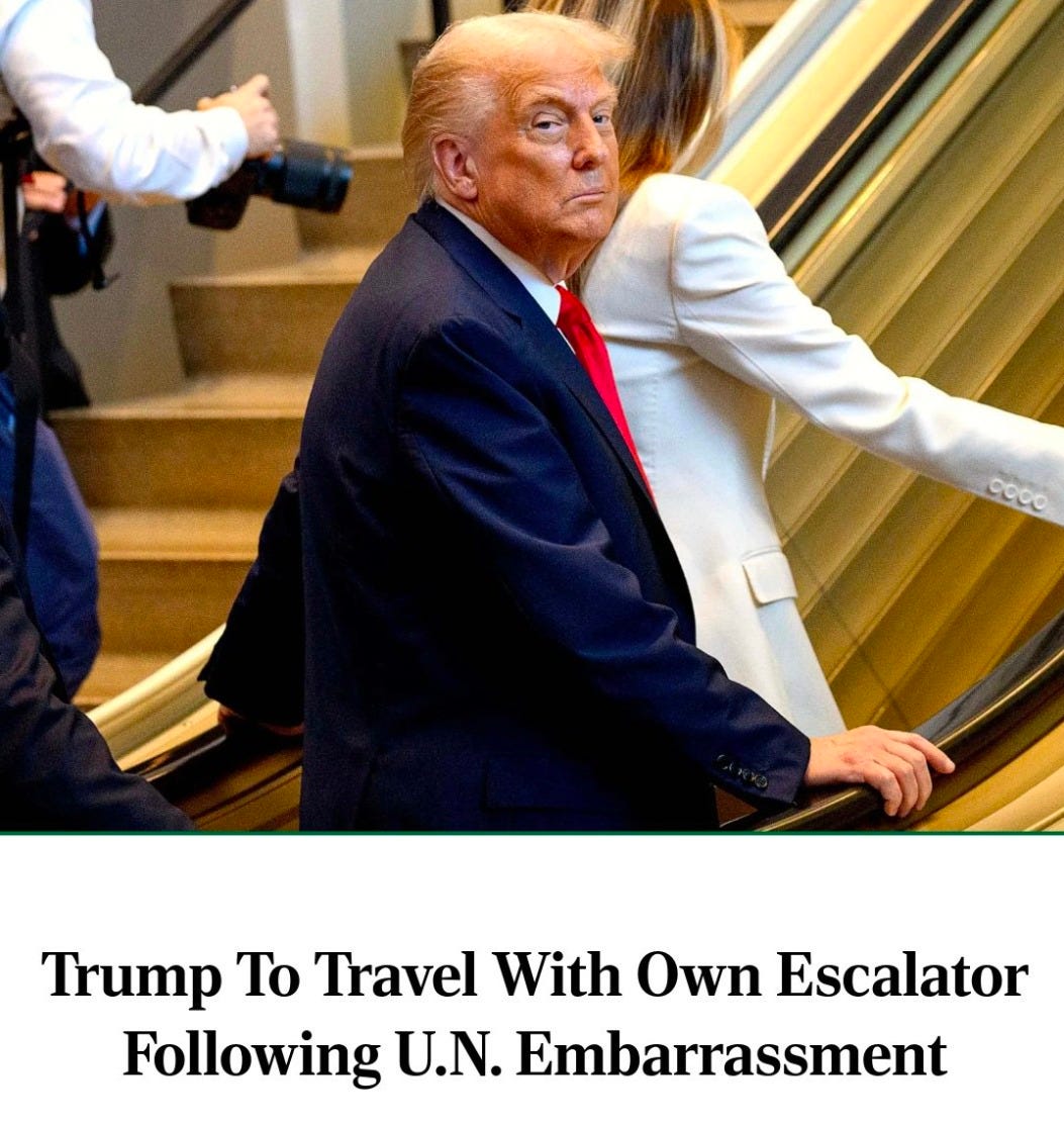 May be an image of 2 people and text that says '000O Trump To Travel With Own Escalator Following U.N. Embarrassment the ONION' May be an image of 2 people and text that says '000O Trump To Travel With Own Escalator Following U.N. Embarrassment the ONION'