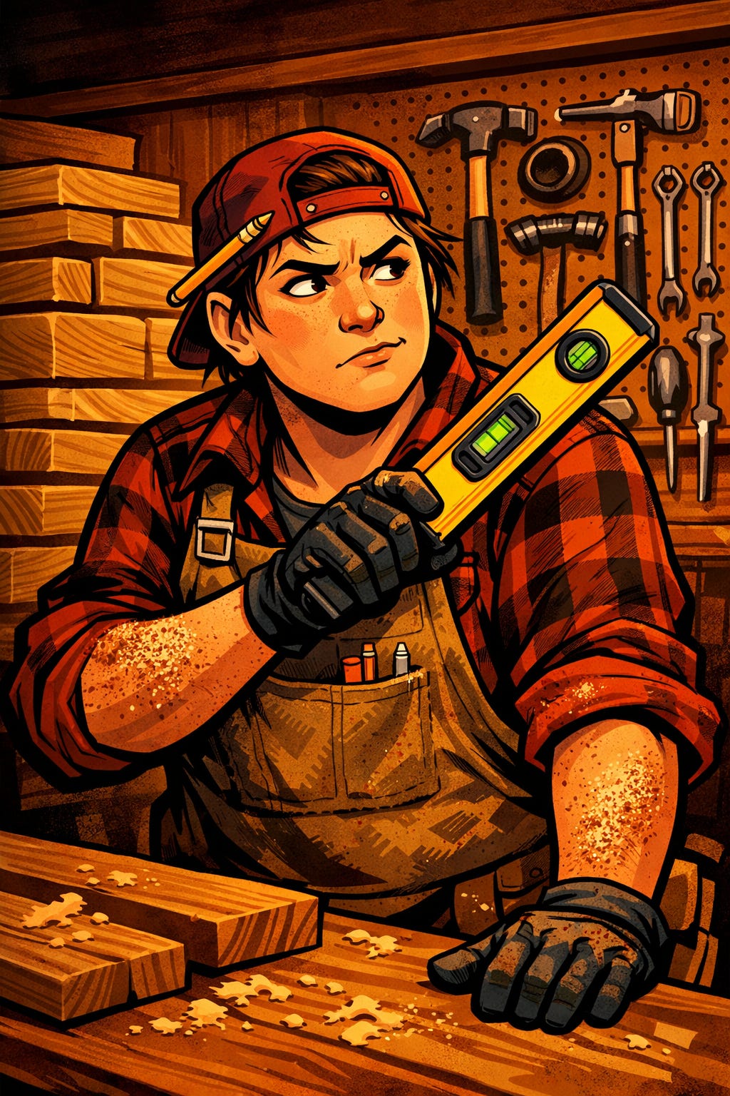 Cartoon image of a carpenter in a workshop with a confident facial expression. Cartoon image of a carpenter in a workshop with a confident facial expression.