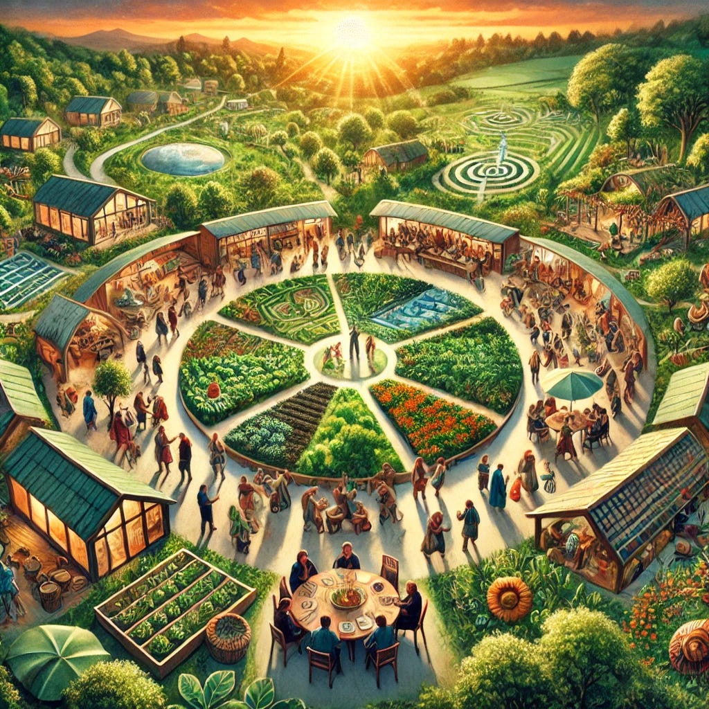 A visual representation of the concept of "commons" in a regenerative society. The image depicts a thriving, diverse community centered around shared resources and collective stewardship. The scene includes a lush, sustainable village surrounded by nature, with people engaged in communal activities: tending to a flourishing permaculture garden, collaborating in a circular governance meeting, and celebrating in a cultural gathering. The atmosphere is harmonious, emphasizing balance between humanity and nature. The architecture is organic, with green rooftops, community centers, and open, inclusive spaces. The colors are warm and inviting, representing collaboration, sustainability, and interconnection.