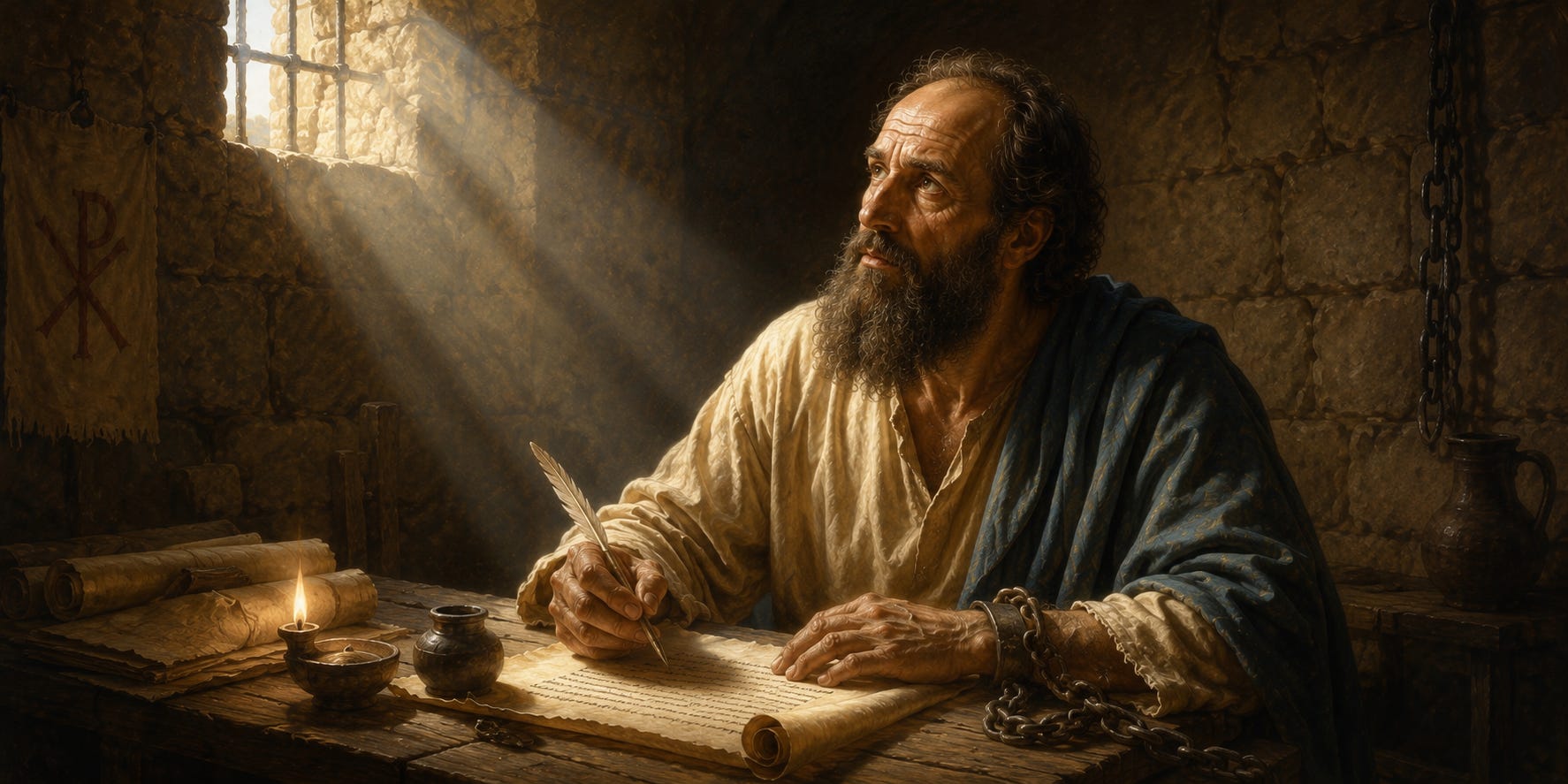 Saint Paul writes a letter by lamplight in a stone prison cell as sunlight streams through a small window Saint Paul writes a letter by lamplight in a stone prison cell as sunlight streams through a small window