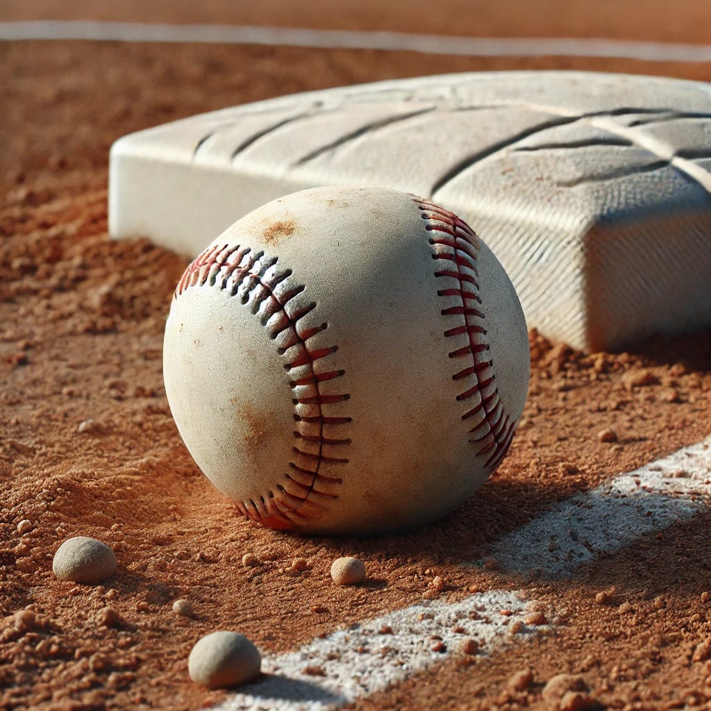 A baseball near a bass in a dirt field
