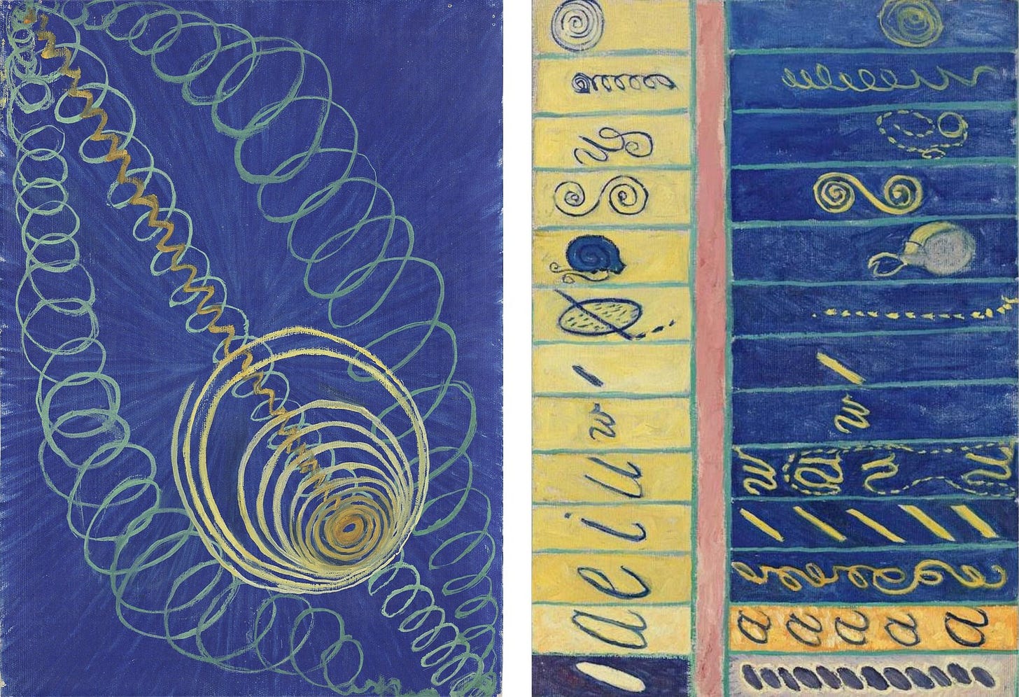 Primordial Chaos No. 16, green coils on blue, beside No. 10, a blue and yellow chart of spirals, snails and letters. Primordial Chaos No. 16, green coils on blue, beside No. 10, a blue and yellow chart of spirals, snails and letters.
