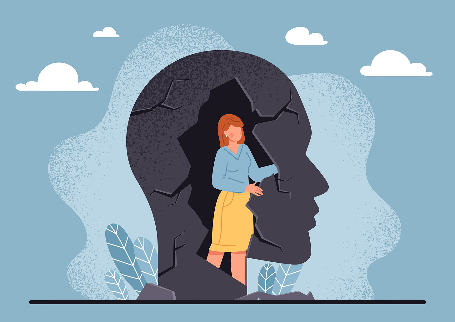 Illustration of a woman breaking out of the "shell" of her head that had kept her hidden away.