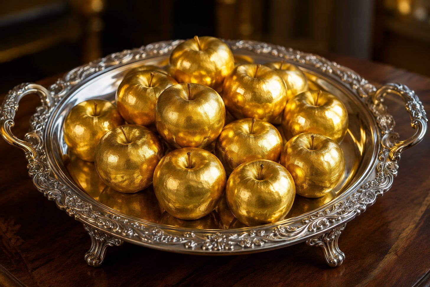 Bandeja de prata ornamentada sobre mesa de madeira, cheia de maçãs douradas metálicas, em composição elegante e iluminada, representando a imagem bíblica de Provérbios 25:11 sobre a palavra dita a seu tempo. Bandeja de prata ornamentada sobre mesa de madeira, cheia de maçãs douradas metálicas, em composição elegante e iluminada, representando a imagem bíblica de Provérbios 25:11 sobre a palavra dita a seu tempo.