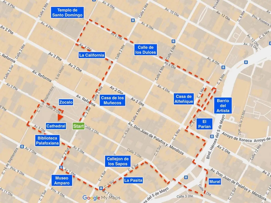 Map with Puebla Walking Tour plotted out