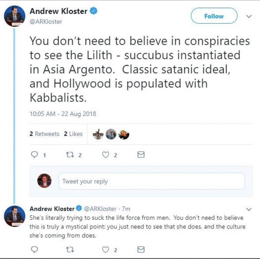 Andrew Kloster, infamously tweeted that Asia Argento is “literally trying to suck the life force from men,” condemning her as the “classic satanic ideal.”