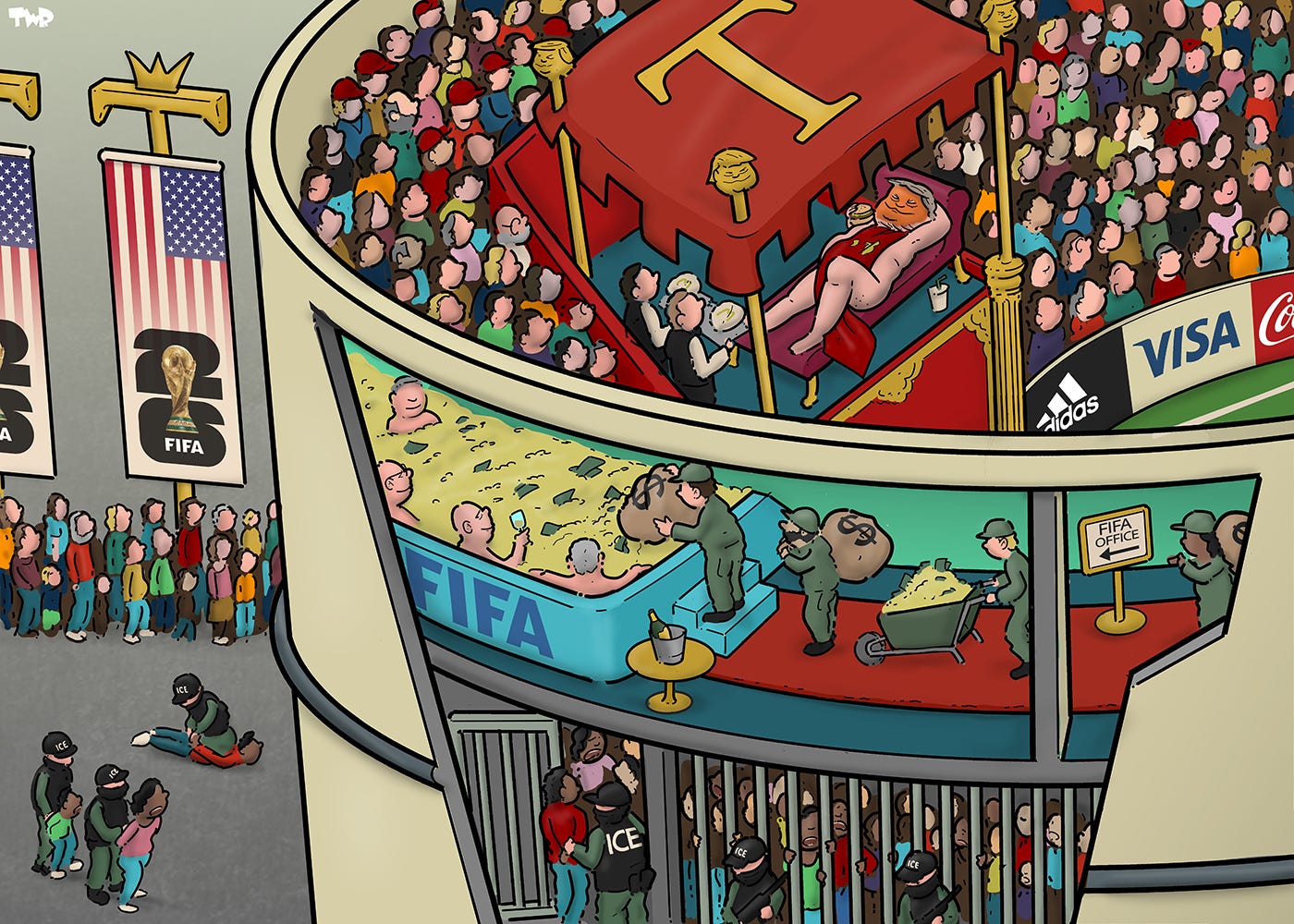 Cartoon showing a FIFA World Cup stadium from the top and side. We see Donald Trump lounging naked as an emperor in a pavilion amidst the audience, eating a McDonalds burger. The side of the stadium is a cross-section: on the second floor, we see FIFA officials bathing in a pool of money, while workers are carrying in more profits. On the first floor ICE officials are locking up people of color in prison cells. Outside the stadium, people are lining up to enter, while yet more ICE officers are arresting more people of color.