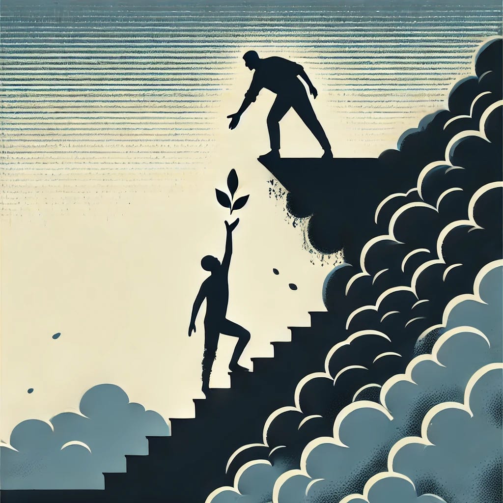 A stylized, minimalist illustration inspired by the attached image, depicting one person standing on a higher platform extending a hand to help another person rise. This time, the lower figure is emerging from a dense layer of smog or polluted air, symbolizing the struggle against environmental hazards. The background is simple yet powerful, with a contrast between the dirty air below and a cleaner, clearer sky above, reinforcing the theme of lifting people out of pollution. The color scheme is bold and evocative, maintaining a clean and impactful design.