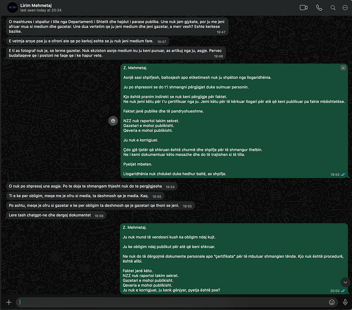 Këto pamje tregojnë reagimin e mëvonshëm të Lirim Mehmetajt. Në vend të përgjigjeve faktike, ai zhvendos debatin te kërkesa për dokumente personale, kërcënime, etiketime dhe sulme ad hominem. Galeria ilustron qartë strategjinë e shmangies, eskalimin verbal dhe refuzimin e vazhdueshëm për t’u përballur me pyetjen thelbësore, pse u publikua një pretendim i pavërtetë dhe pse nuk u korrigjua.