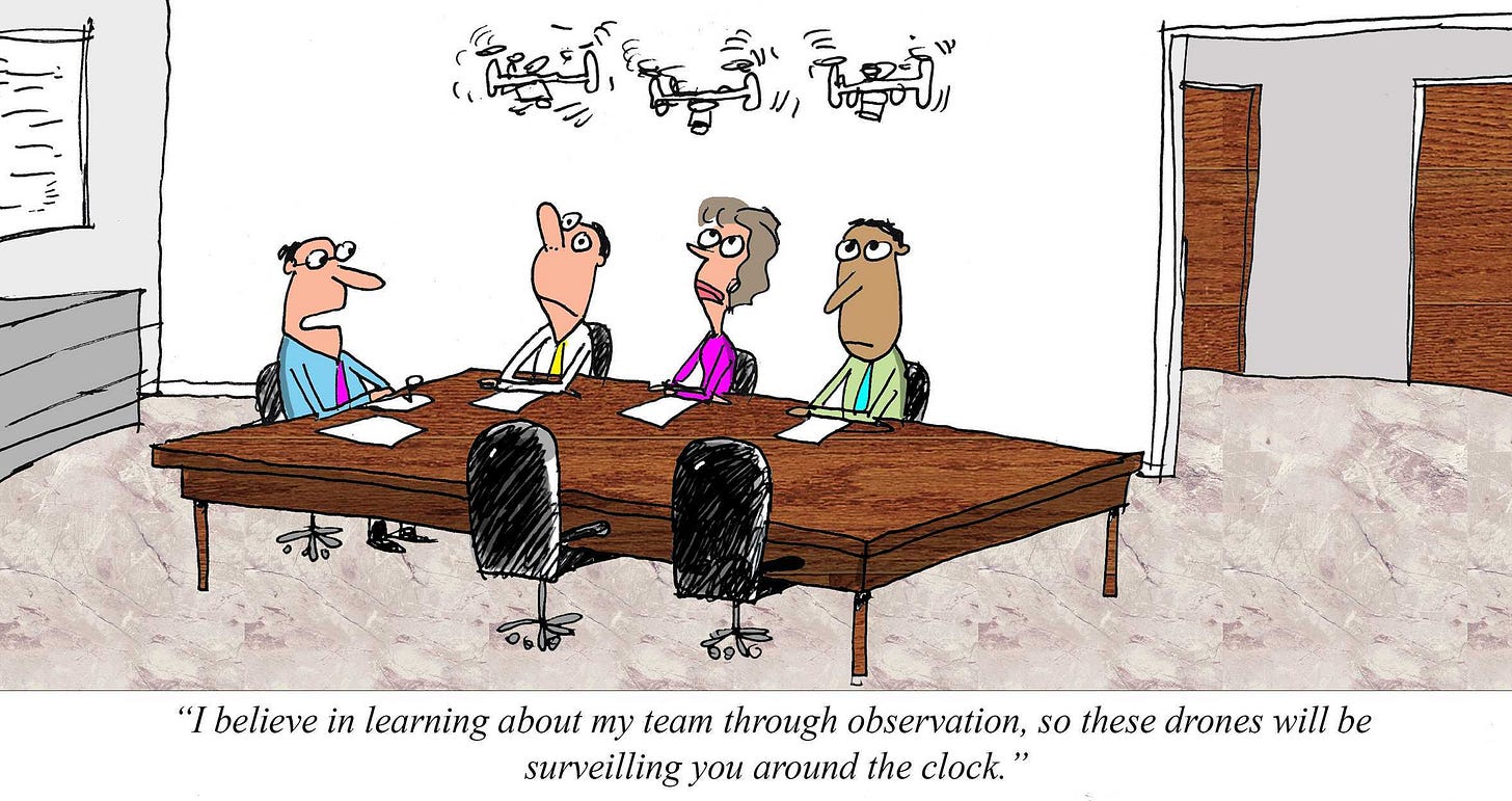 Cartoon of a manager meeting with employees around a conference table while three small drones hover overhead. The team looks uneasy as the manager explains that the drones will observe them around the clock to learn about the team, humorously exaggerating workplace monitoring and surveillance.