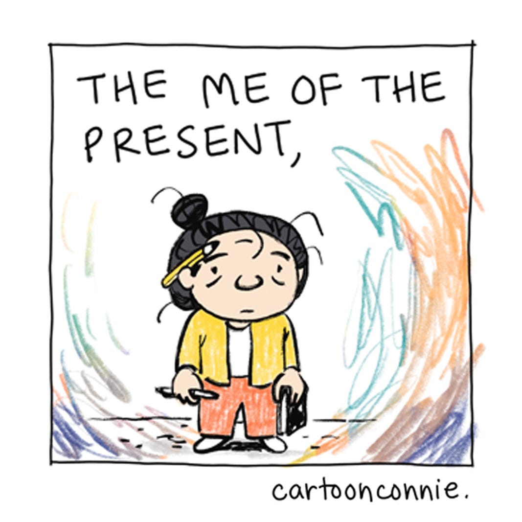 Panel 4 of a 6-panel comic strip about loving your past, present, and future selves. Each panel is a colorful cartoon portrait of the artist at different life stages, ending with an imagined future self as a little old lady in a futuristic setting. Titled "The Best Gift You Can Give Yourself." Original artwork by Connie Sun, cartoonconnie, 2025. Panel 4 of a 6-panel comic strip about loving your past, present, and future selves. Each panel is a colorful cartoon portrait of the artist at different life stages, ending with an imagined future self as a little old lady in a futuristic setting. Titled "The Best Gift You Can Give Yourself." Original artwork by Connie Sun, cartoonconnie, 2025.
