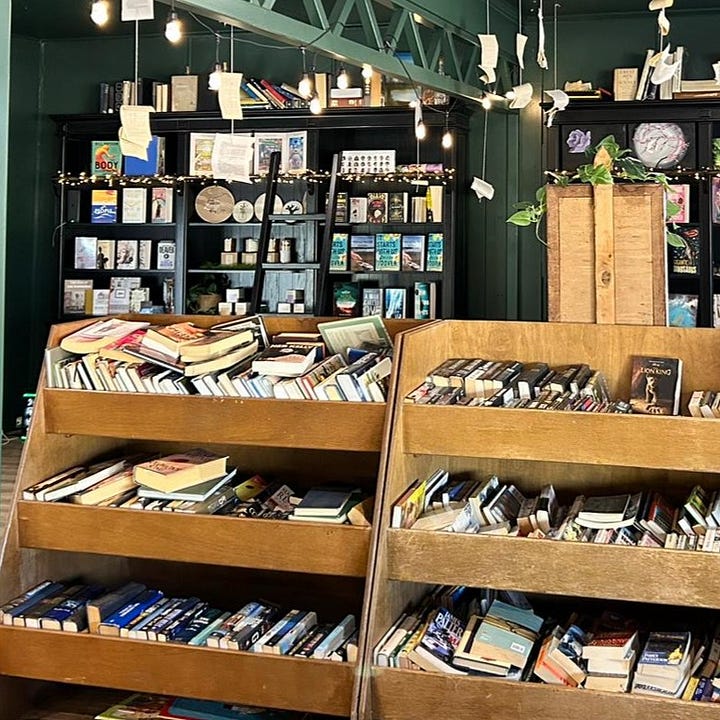 The first image is of a crowded bookstore, the walls are painted a dark green, and the shelves in the foreground and background are overflowing with books. The vibe is eclectic and welcoming. In the second image Kim Wilkins stands with her arm raised showing off a large replica dinosaur that she is standing beside. In the foreground is a display cabinet with books open on display.