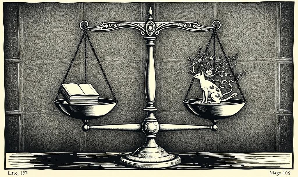 A pair of scales, perfectly balanced. One side has a pile of books, representing learning, and the other a cat and a tree, representing imagination and creativity.