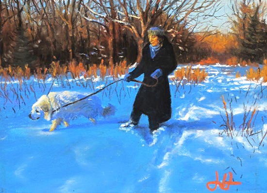Six Degrees by John Hulsey pastel painting of woman and Great Pyrenees dog, by John Hulsey