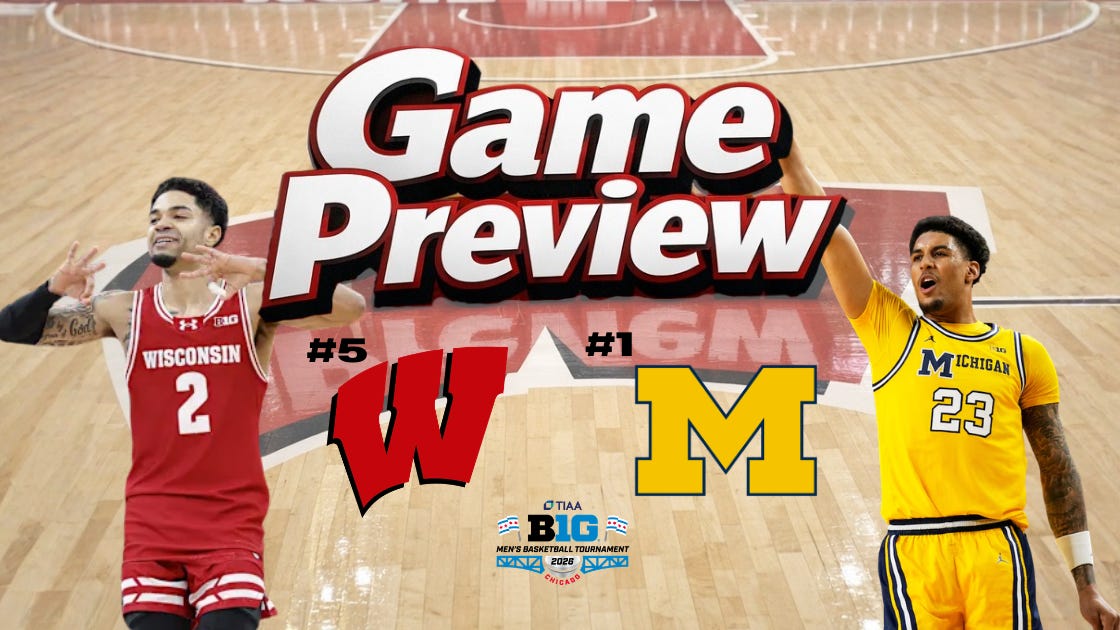 A sports preview graphic for the 2026 Big Ten Men's Basketball Tournament matchup between the #5 seed Wisconsin Badgers and the #12 seed Washington Huskies. On the left, a Wisconsin player (#22) in a red jersey is shown celebrating with a fist pump. On the right, a Washington player (#9) in a purple jersey is pictured dribbling a basketball. The center features a red 'W' logo and a purple 'W' logo under the bold text 'Game Preview.' The official 2026 Big Ten Tournament Chicago logo is at the bottom center.