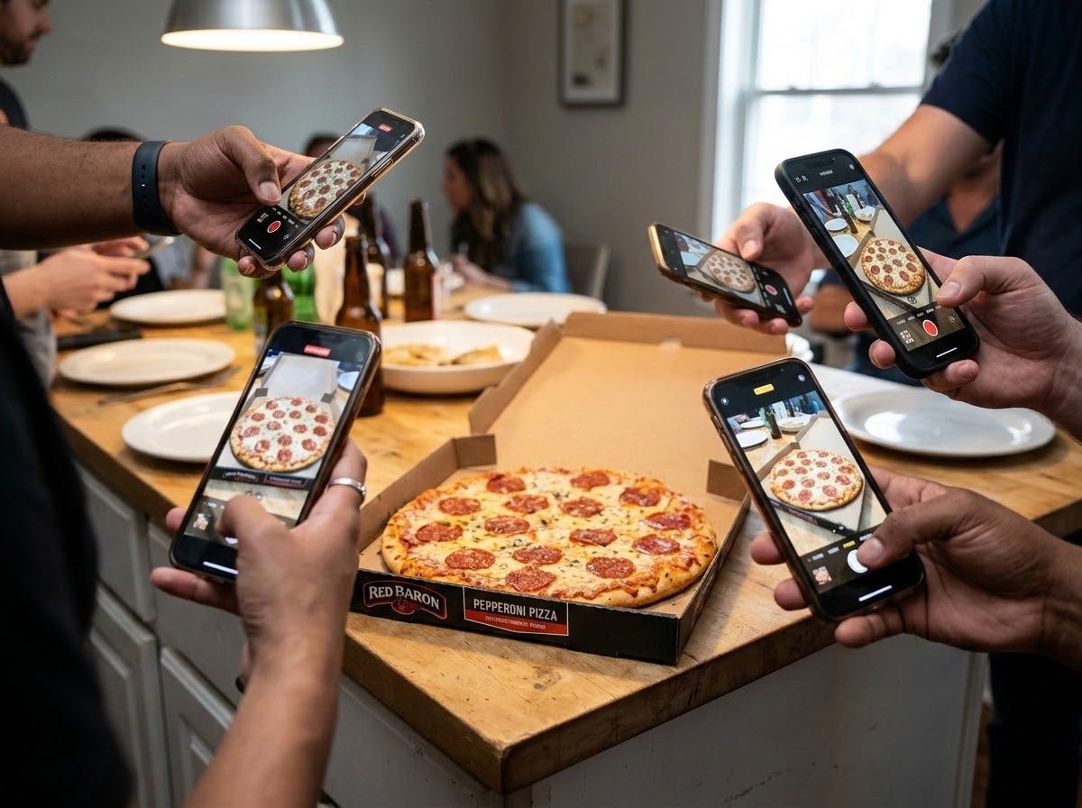 Multiple cell phones held up filming a Red Baron pepperoni pizza Multiple cell phones held up filming a Red Baron pepperoni pizza
