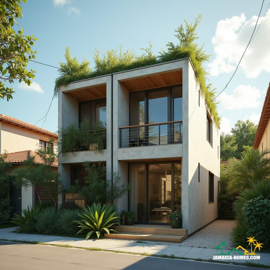 Spanish Town Compact Duplex
Design: Two 20-ft modules stacked for a two-story mini duplex, shared roof terrace.
Materials: Concrete, steel frame, tempered glass, timber accents.
Features: Solar panels, narrow windows to reduce heat, small rooftop garden, compact staircase.
Environment: Urban lot, neighboring houses close by, bright tropical sun.
Style Notes: Functional, modern, practical for city lot, hurricane-resistant.