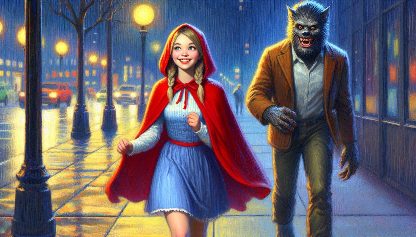 A pretty, teenage Red Riding Hood walks cheerfully along a city sidewalk at night, followed by a mangy, evil-looking werewolf. Slight impressionist style. A pretty, teenage Red Riding Hood walks cheerfully along a city sidewalk at night, followed by a mangy, evil-looking werewolf. Slight impressionist style.
