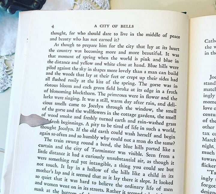 Inside the US edition of A City of Bells: title page, copyright, chapter one, and my favorite quote from Jocelyn as he arrives in Torminster.