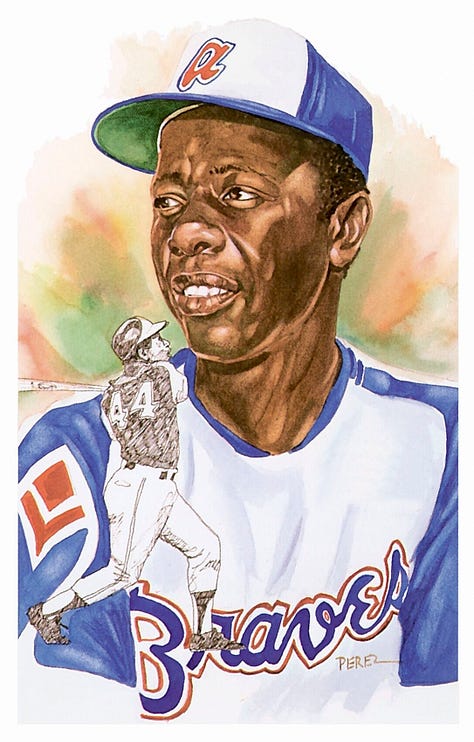 Original Allen & Ginter cards of Mike "King" Kelly and Timothy Keefe alongside the Dick Perez painting of Hank Aaron used for his Perez-Steele Hall of Fame Postcard