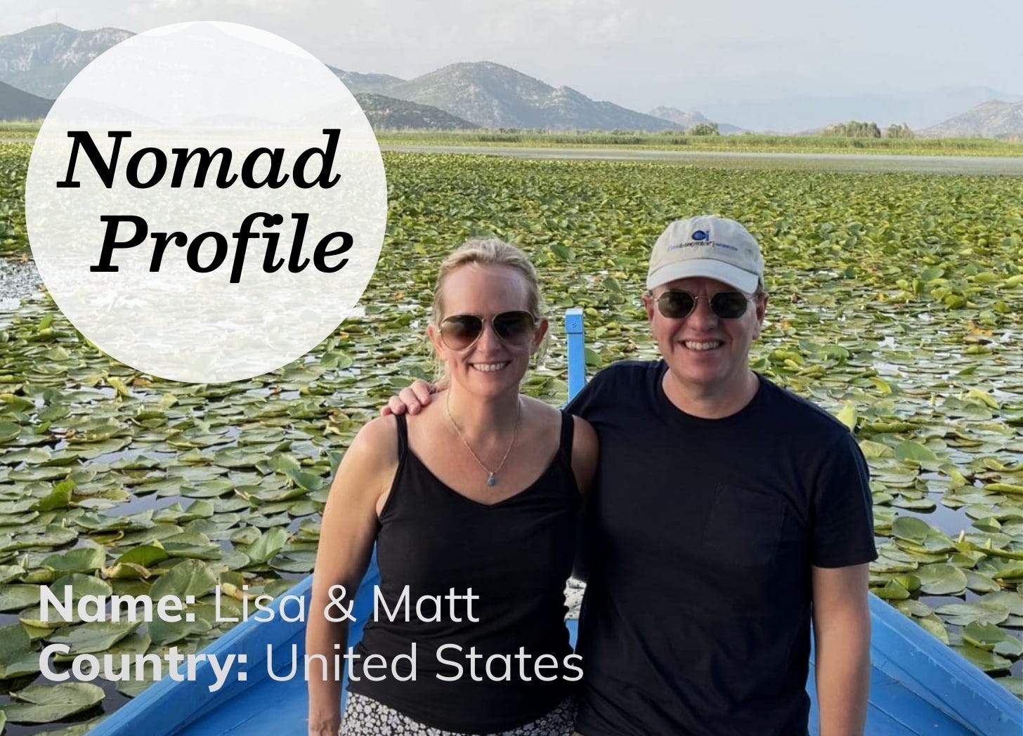 A white couple is hugging and looking at the camera. They are in a boat with green lily pads behind them. The blond woman is wearing a dark tank top and the man is wearing a dark t-shirt with tan hat. They are both smiling and wearing sunglasses. 