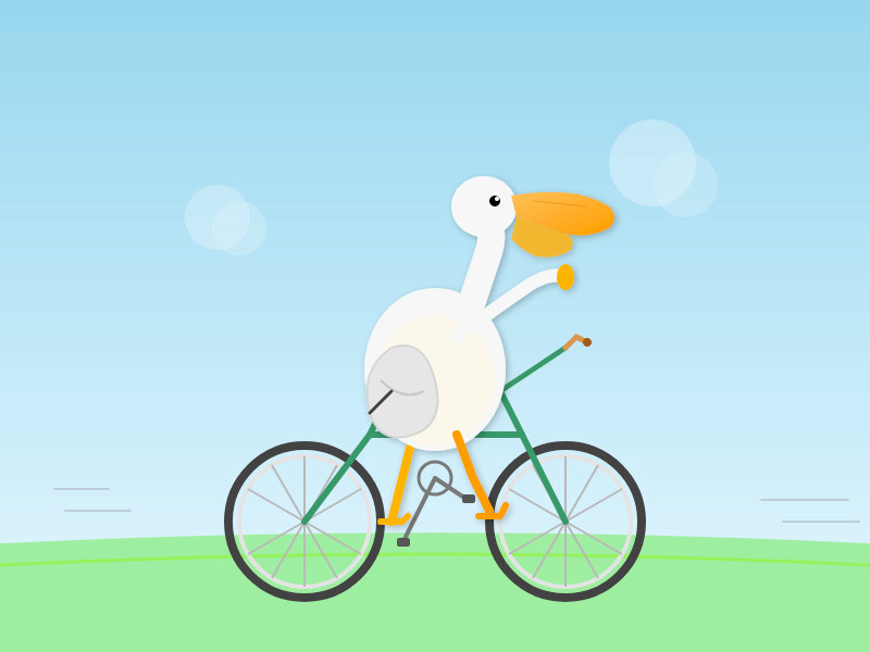 Cartoon illustration of a white pelican with a large orange beak and yellow throat pouch riding a green bicycle with yellow feet on the pedals, set against a light blue sky with soft bokeh circles and a green grassy hill. The bicycle frame is a little questionable. The pelican is quite good. The feet do not quite align with the pedals, which are floating clear of the frame.