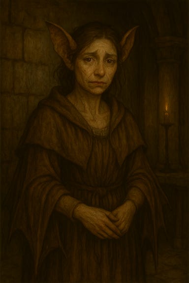 A gentle, tragic portrait of Marzena, visually reminiscent of Kathryn Hahn, depicted in a soft, non-disturbing dark‑fantasy style. She appears mostly human, with only subtle batlike hints: slightly pointed ears, large expressive eyes, and a faint velvety texture along her cheeks. Her expression is tender and sorrowful, as if longing for connection. She wears a patched shawl wrapped tightly around her shoulders, its folds resembling wings only in silhouette. She stands in a quiet alcove of the Abbey of St. Markovia, lit by warm candlelight that softens every feature. Fallen rose petals lie at her feet. The atmosphere is melancholic, compassionate, and safe.