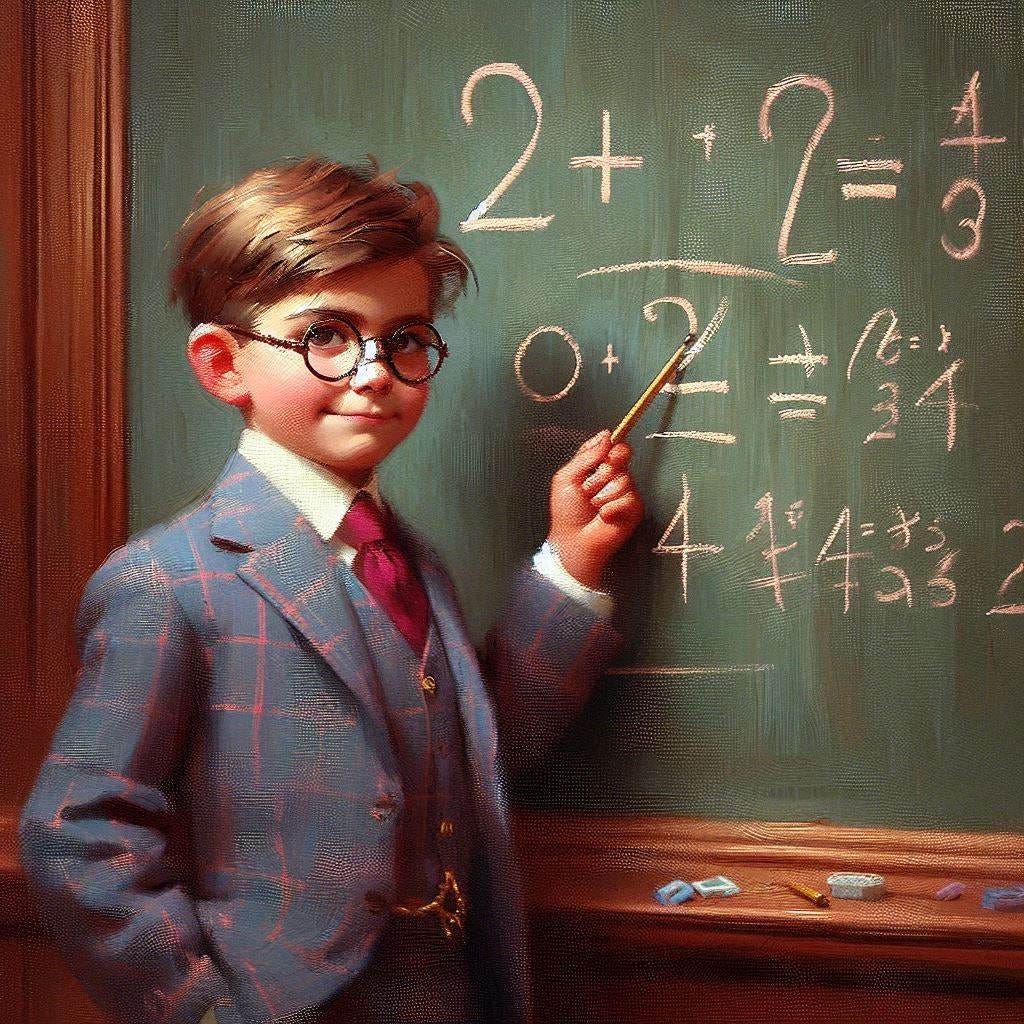 A smart boy smugly writes 2 + 2 = PURPLE on the blackboard. Impressionist style.