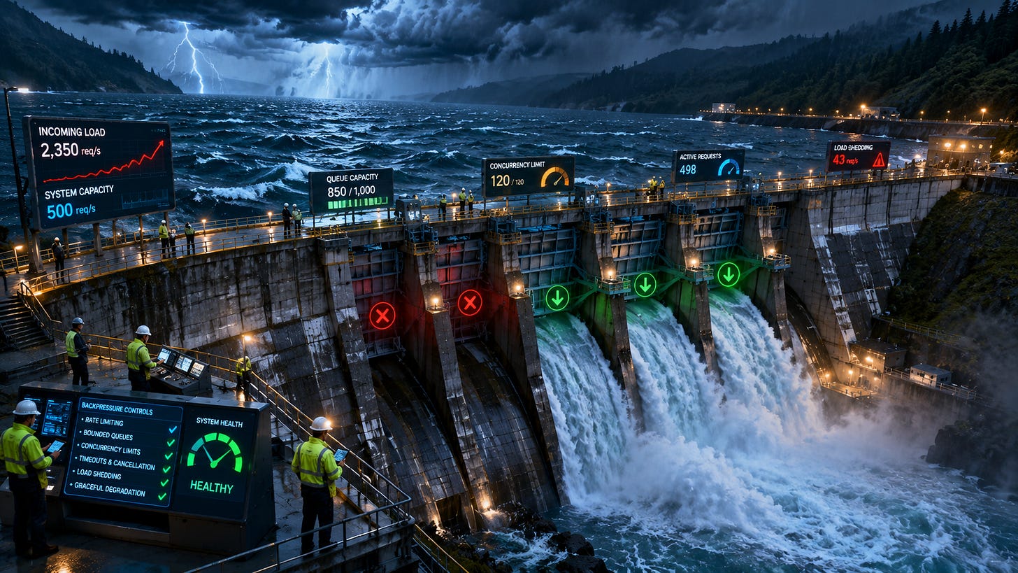 Engineers control dam spillways under heavy pressure, symbolizing backpressure and load management. Engineers control dam spillways under heavy pressure, symbolizing backpressure and load management.