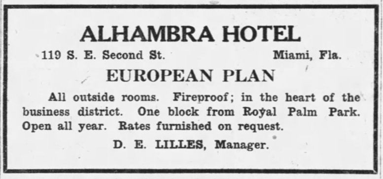 Ad in the Miami Daily News on December 20, 1925, after Dr. Sheehan sold the Alhambra Hotel.
