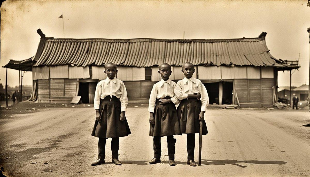 Conjoined twins, in yard with brother Conjoined twins, in yard with brother