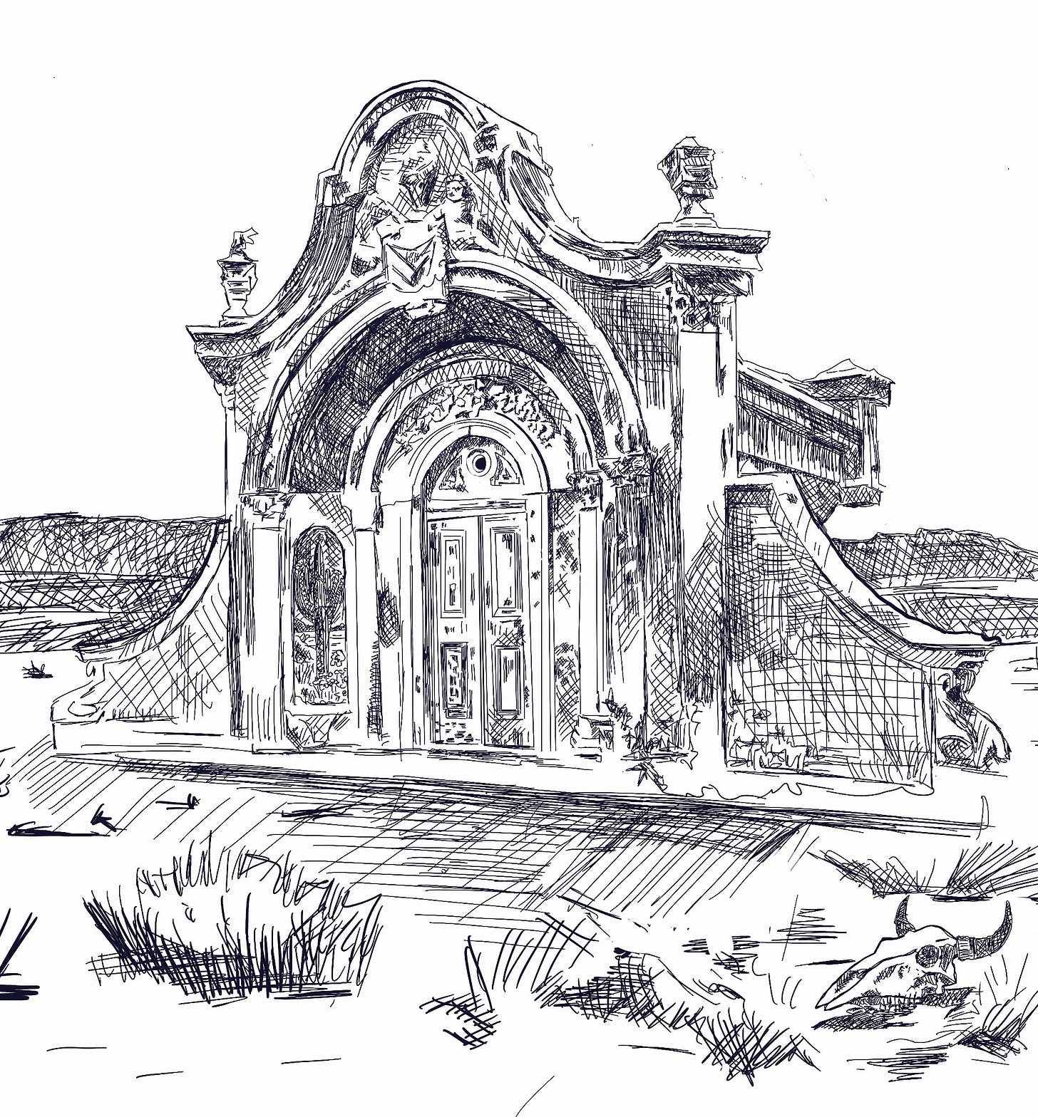 Pen and ink sketch of an ornate gothic revival tomb in the middle of the desert. Illustration by Hannah Bull. Pen and ink sketch of an ornate gothic revival tomb in the middle of the desert. Illustration by Hannah Bull.