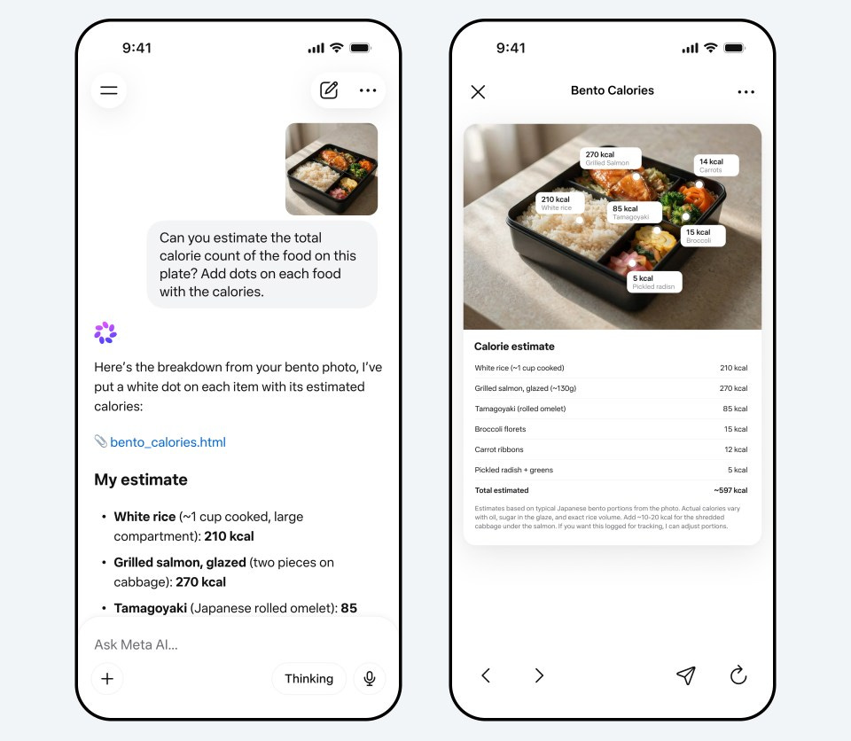 Two phone screens showing a chat with Meta AI estimating calorie count of food shown in a photo Two phone screens showing a chat with Meta AI estimating calorie count of food shown in a photo